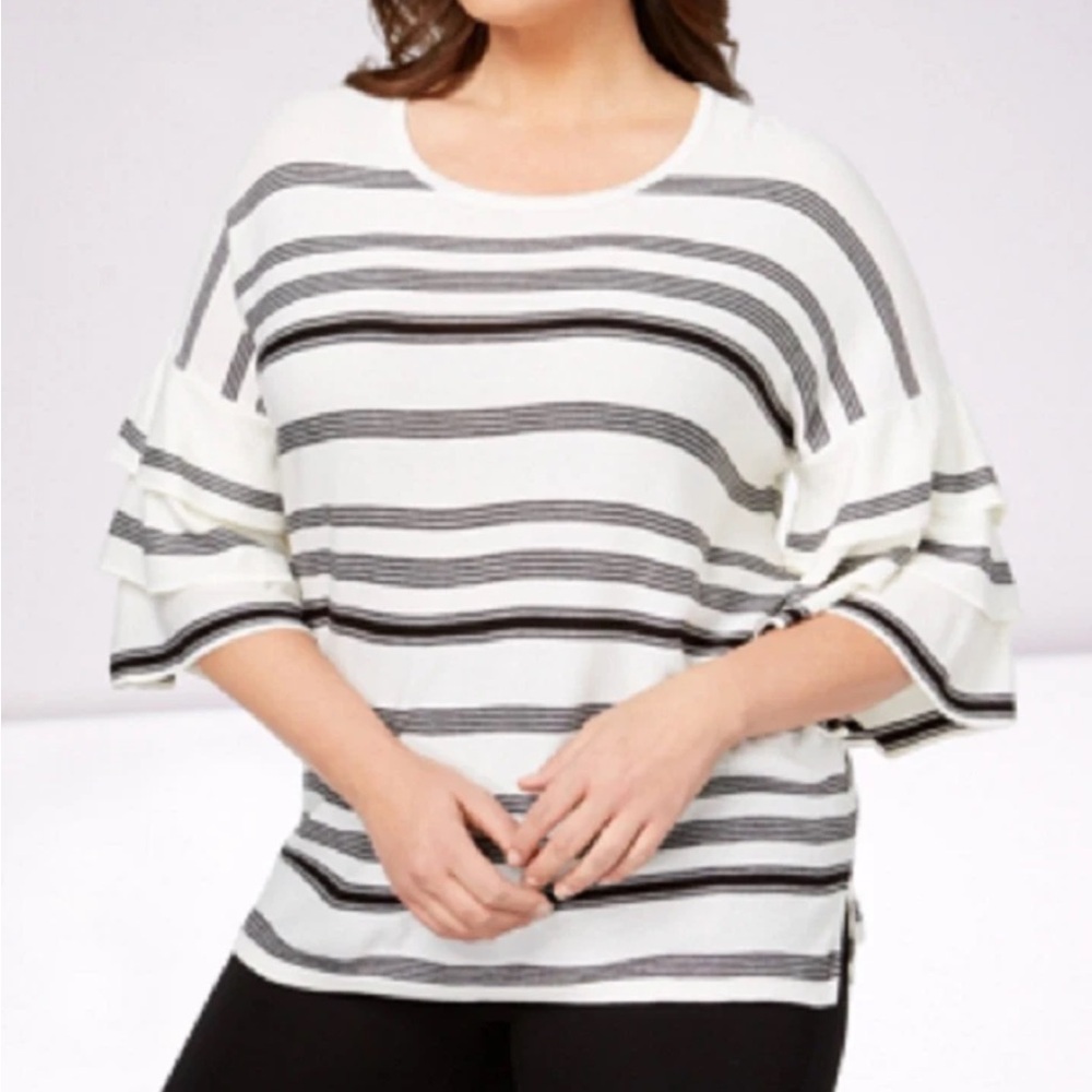 Calvin Klein Ruffle Sleeve Striped Sweater Soft White Multi Plus Size XL - Picture 5 of 5